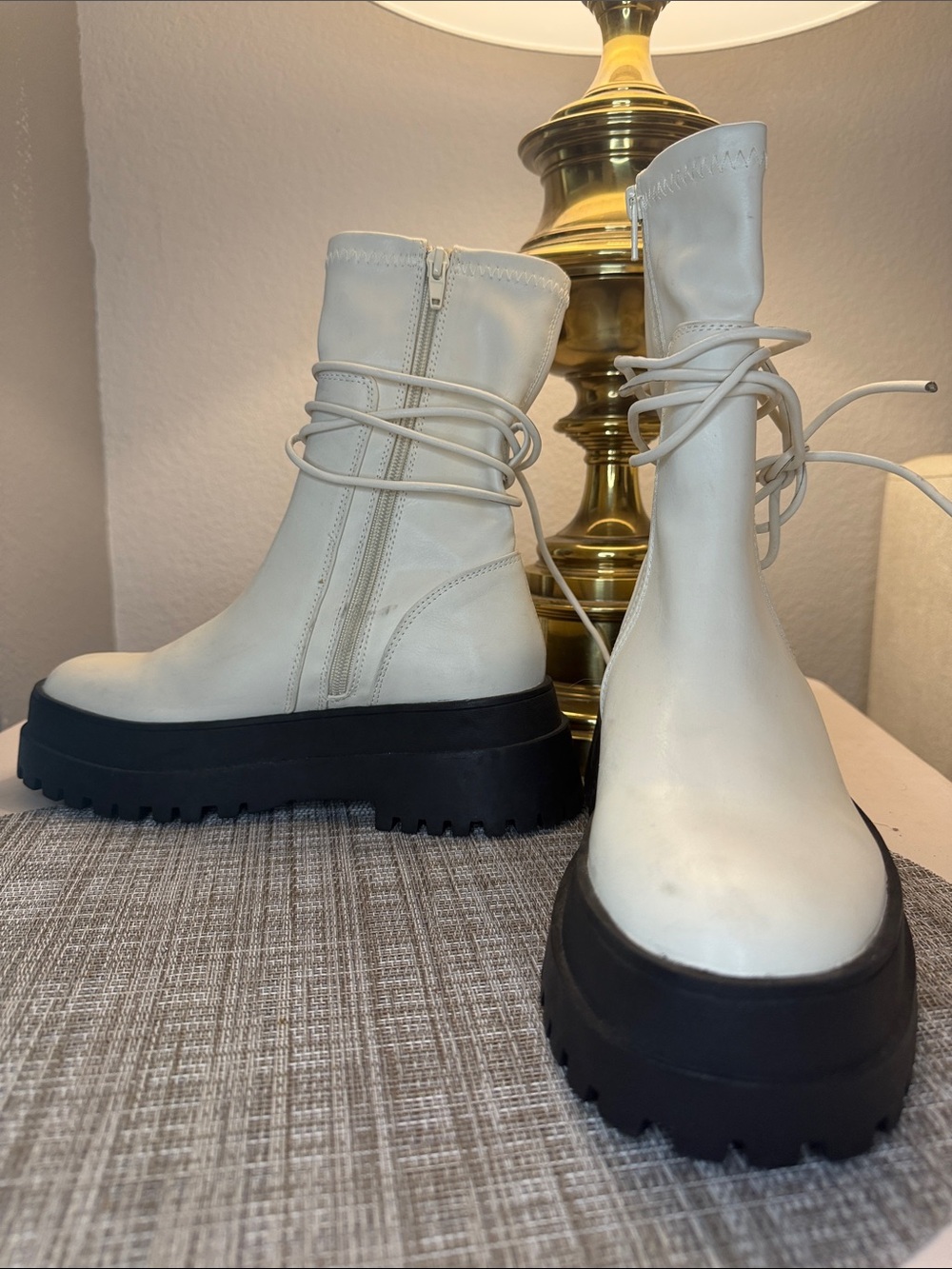 Public Desire Cream Lace-Up Platform Ankle Boots with Black Sole